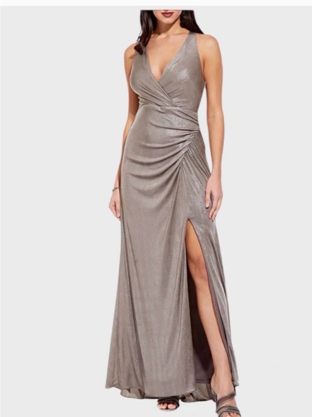 Adrianna Papell Metallic Taupe Maxi Gown with Side Slit